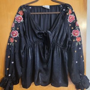 Savanna Jane Black Blouse with Red Floral Embroidery